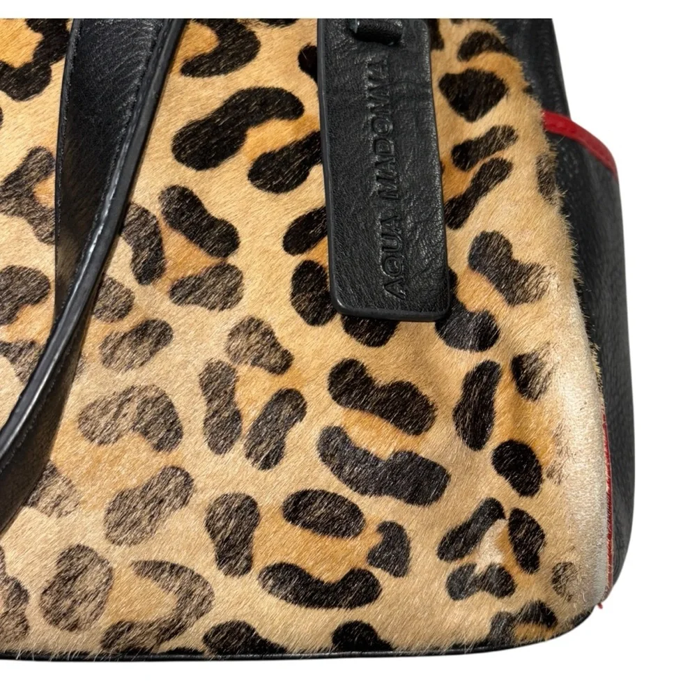 Aqua Madonna Leopard Calf Hair Large Leather Shoulder Bag Red Tassel Zip Satchel - Picture 12 of 15